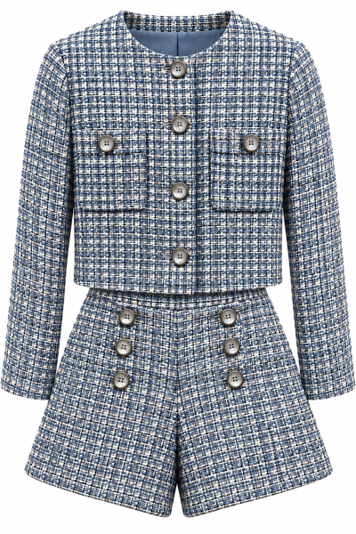 Елегантен комплект от букле в синьо и екрю